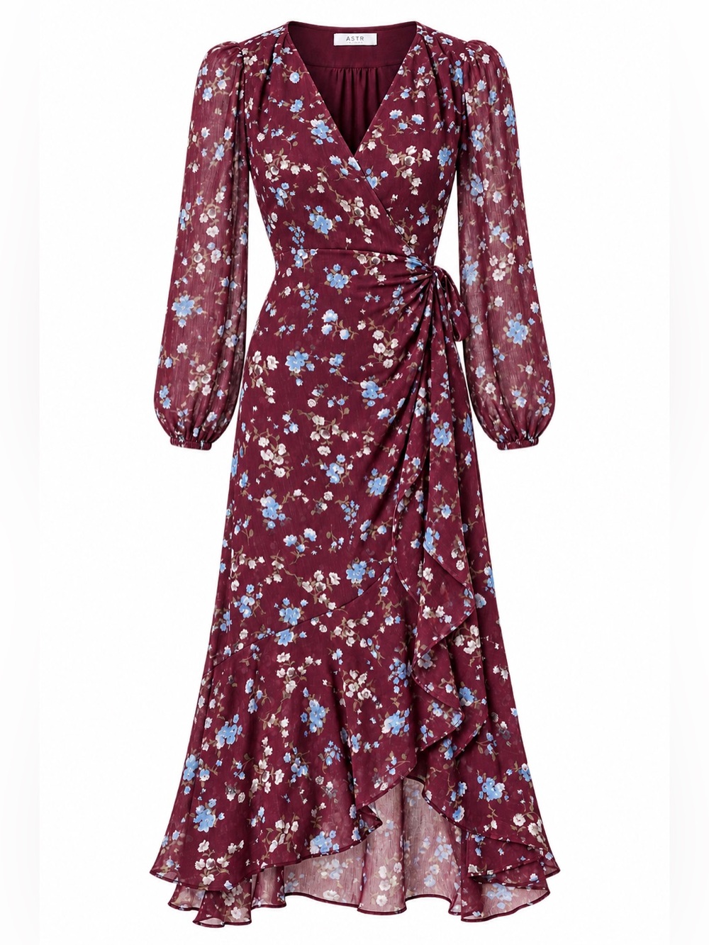 Astr Burgundy Floral Wrap Dress with Blue & Cream Accents